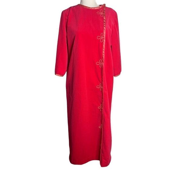 Vintage 80s Velour Full Length Housecoat Robe M Pink Zip Front Ribbon Trim - Picture 2 of 6